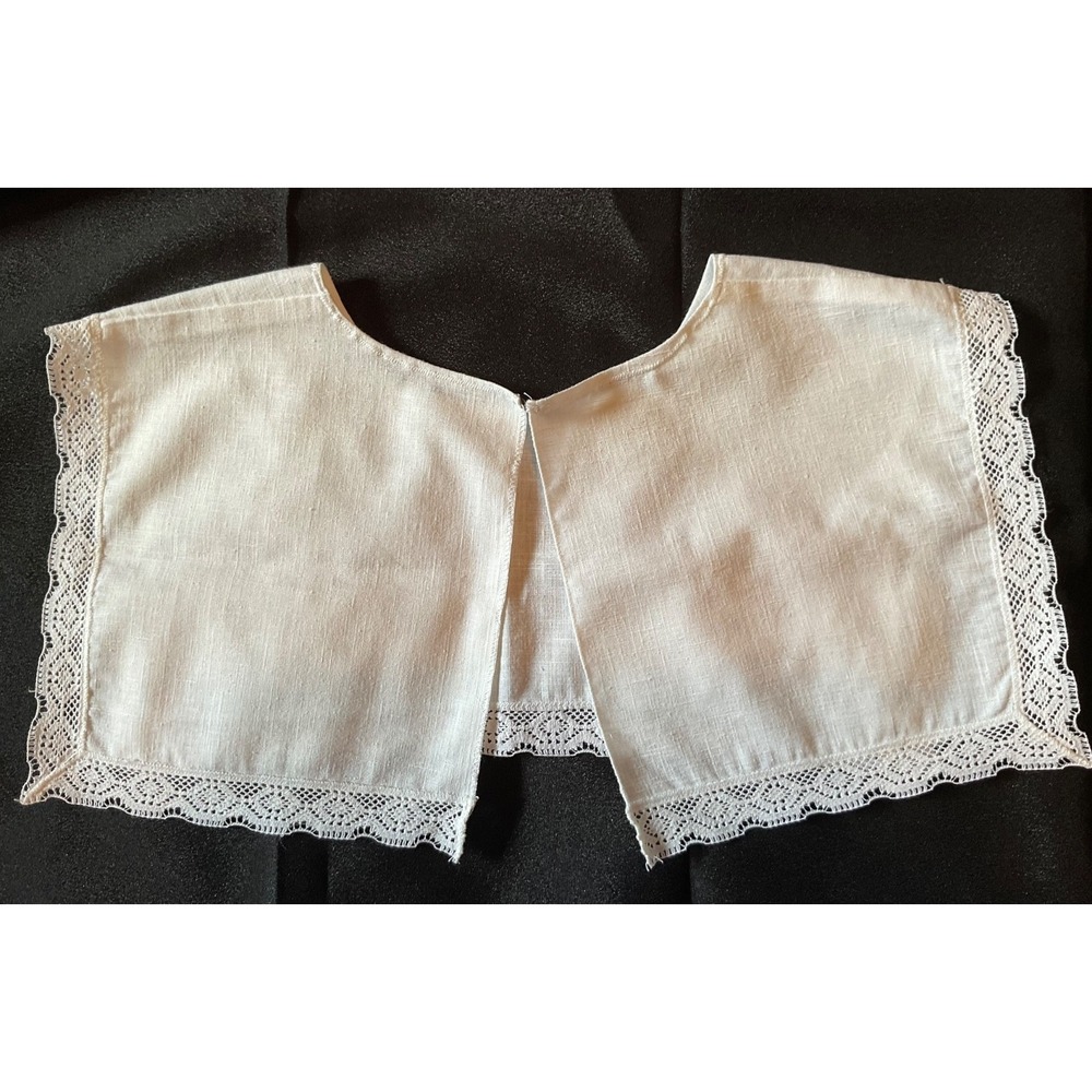 Linen Bib Collar/Dickey Lace Embroidery Floral Retro Scalloped Trim Ivory Pearls - Picture 3 of 6